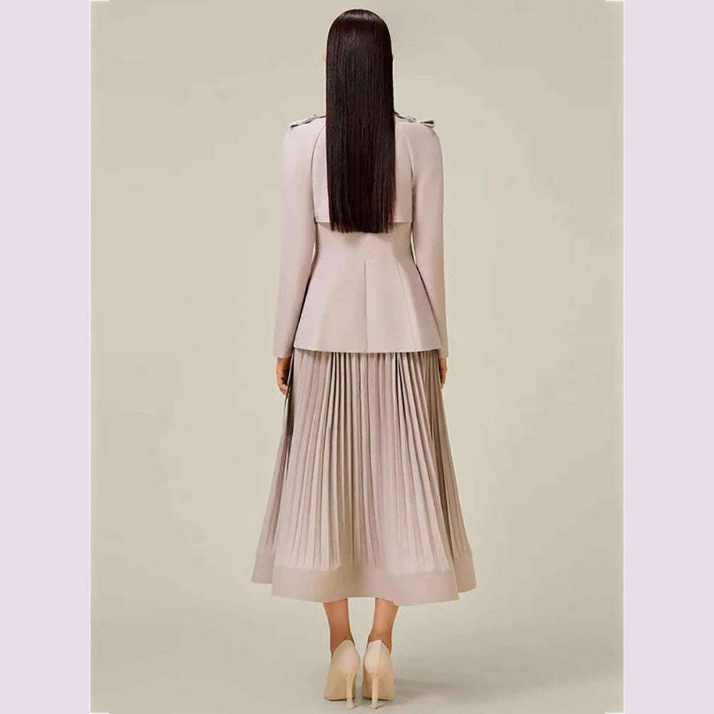 DEAT 2 Pcs Set Notched Collar Double Breasted Belt Waist Trench Coat Pleated A-line Skirt Women's Suit 2024 Spring New Fashion - KIMLUD