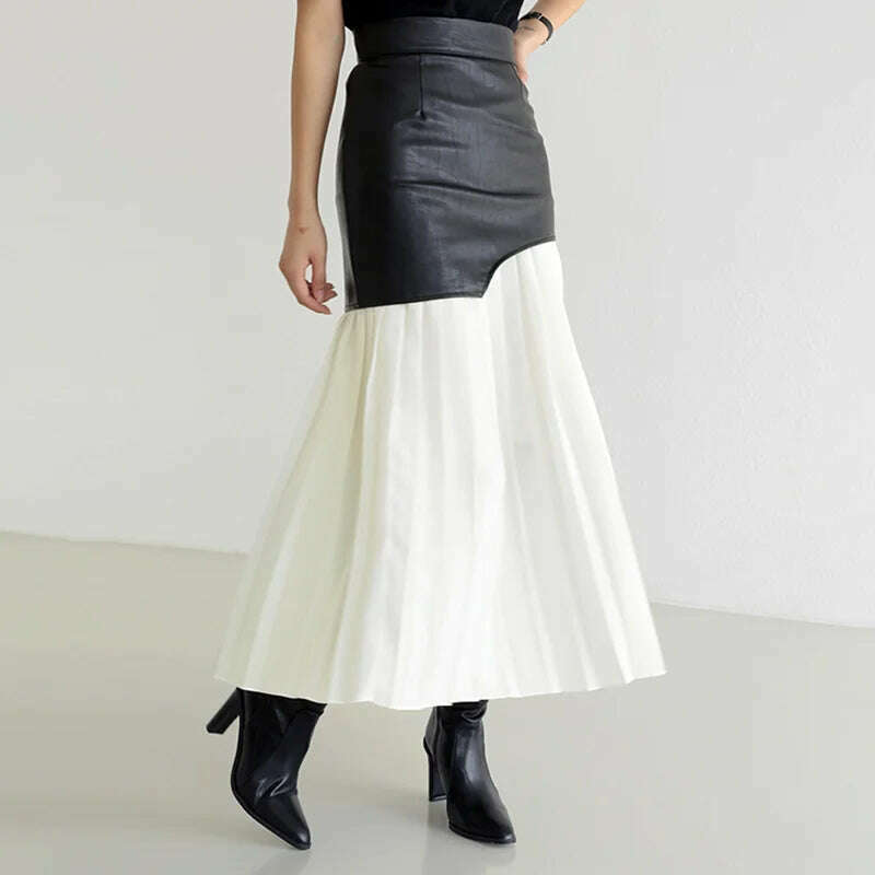 KIMLUD, DEAT 2024 White Long Autumn Leather Patchwork A-line Wrap Hip Temperament New Fashion Women's Pleated Skirt 7Z206, KIMLUD Womens Clothes