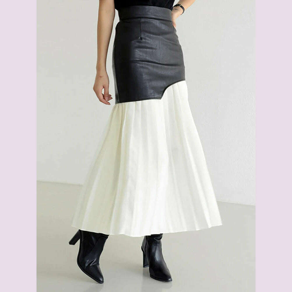 KIMLUD, DEAT 2024 White Long Autumn Leather Patchwork A-line Wrap Hip Temperament New Fashion Women's Pleated Skirt 7Z206, KIMLUD Womens Clothes