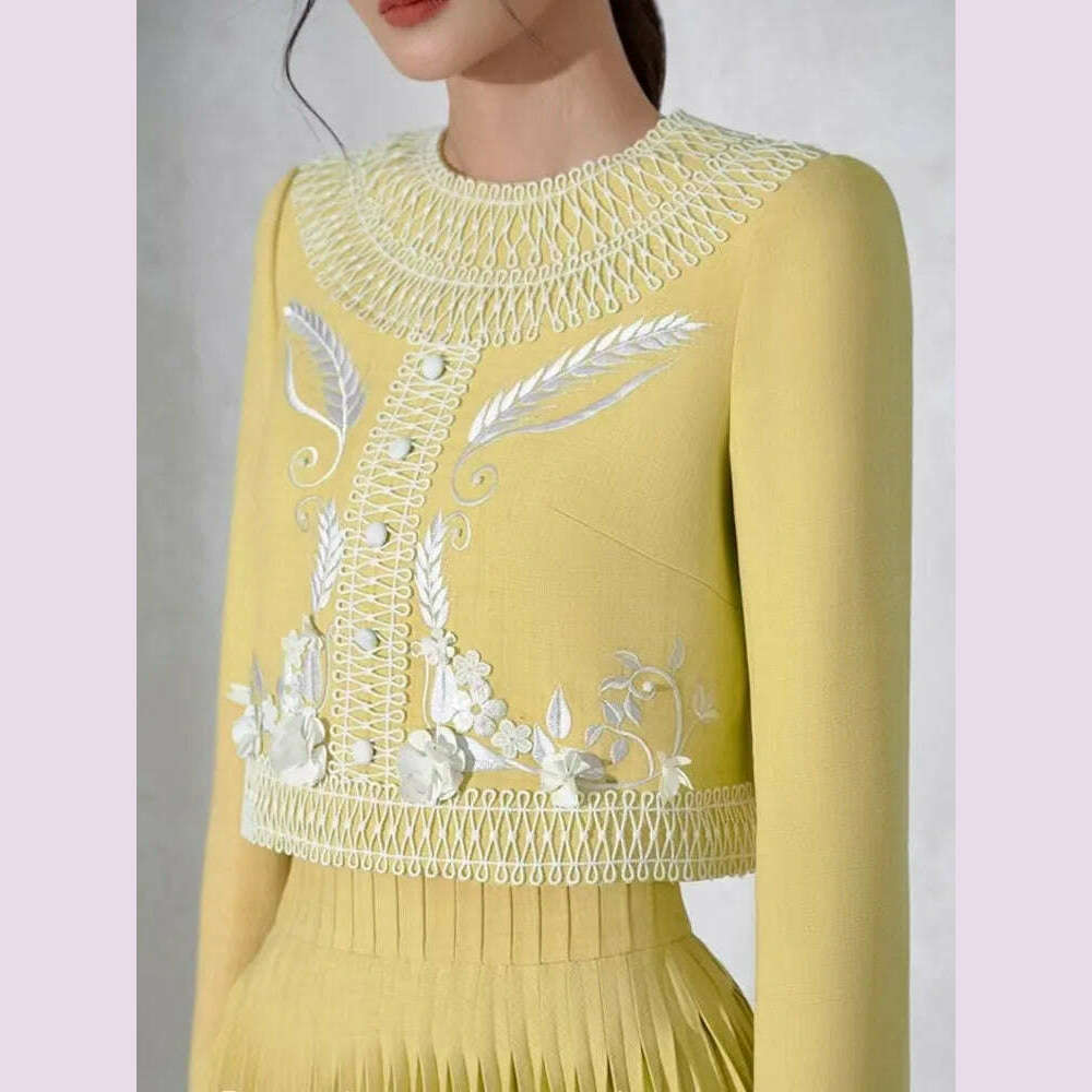 DEAT Elegant 2 Pcs Set Embroidery Button Design O-neck Long Sleeve Short Coat Pleated Skirt Suit Autumn 2024 New Tide 13DB1022 - KIMLUD