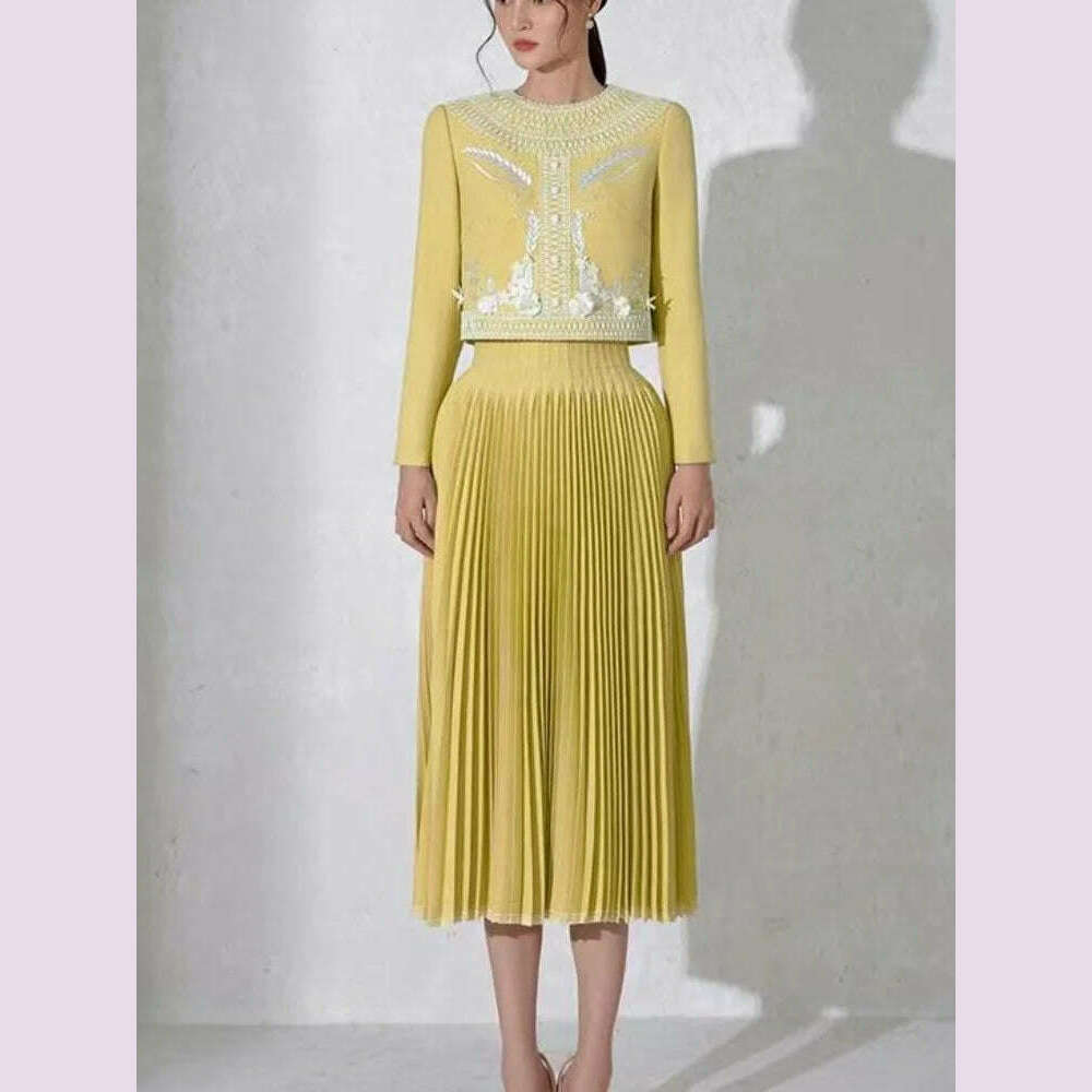 DEAT Elegant 2 Pcs Set Embroidery Button Design O-neck Long Sleeve Short Coat Pleated Skirt Suit Autumn 2024 New Tide 13DB1022 - KIMLUD
