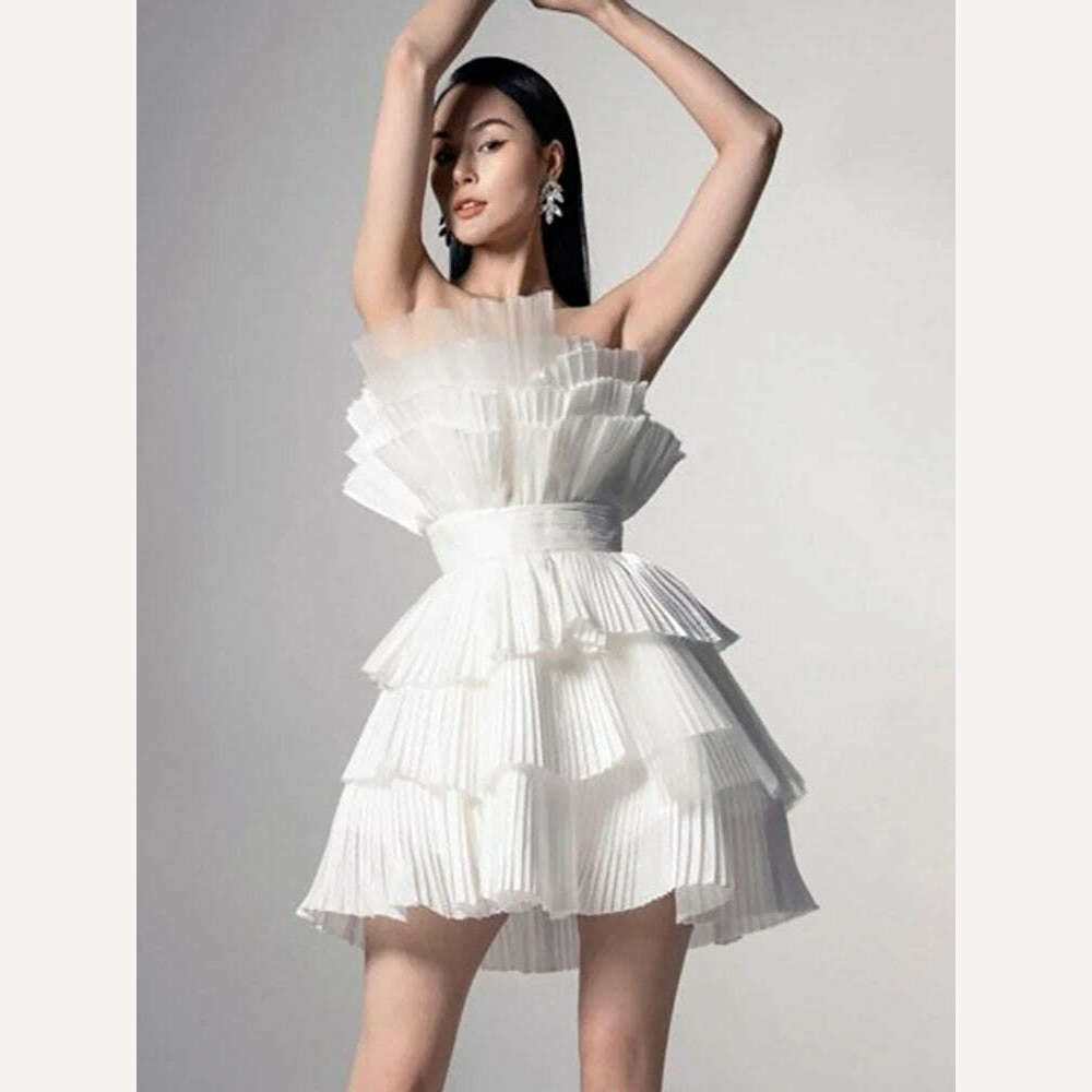 KIMLUD, DEAT Elegant Dress Multi-layer Gauze High Waist 3D Pleated Backless White Women's Evening Dresses 2024 Summer New Tide 13DB3444, KIMLUD Womens Clothes