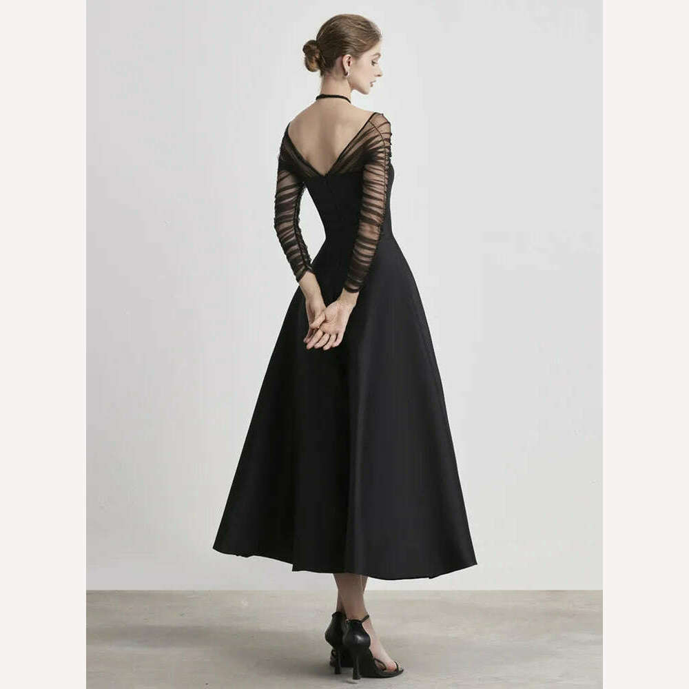 DEAT Evening Halter Dress Mesh Long Sleeves Backless Waist Retraction Zipper Slim Women Dresses 2024 Summer New Fashion 13DB3948 - KIMLUD
