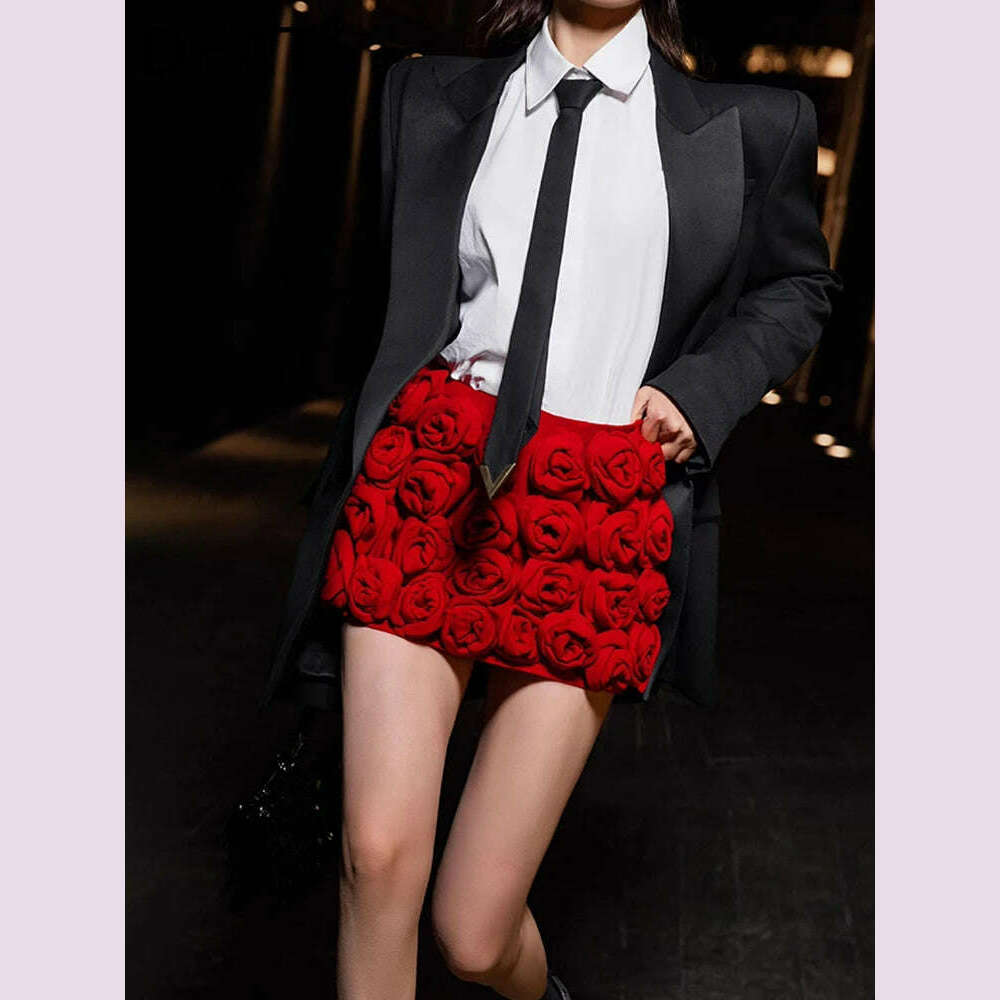 KIMLUD, DEAT Fashion Three-dimensional Rose Flower Decoration Women's Shorts Mid Waist Red Mini Shorts Skirts Summer 2024 New 7AB3821, KIMLUD Womens Clothes