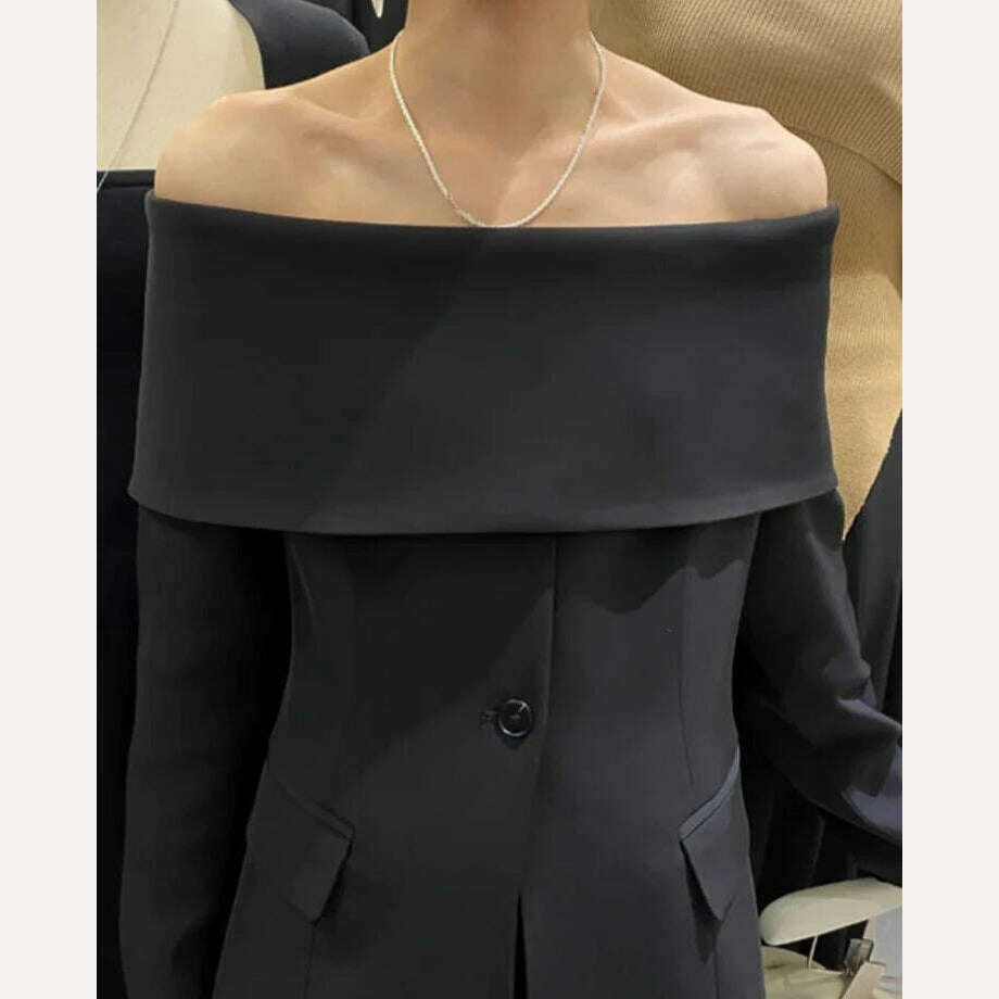 DEAT Fashion Women's Blazer New Slash Neck Slim Single Breasted Off Shoulder Long Sleeve Black Suit Jackets Autumn 2023 17A822H - KIMLUD