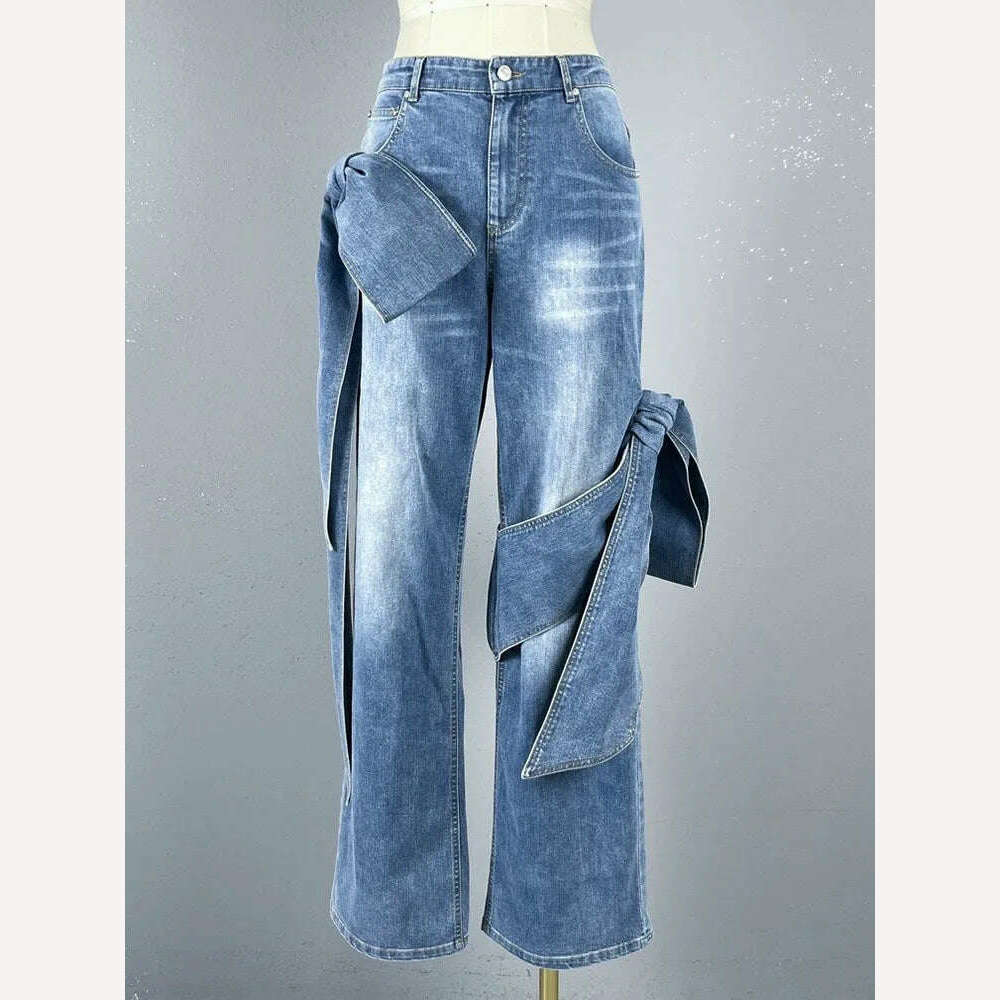 DEAT Fashion Women's Bows Bandage Denim Sling Vest High Waist Wide Leg Straight Jeans Female 2024 Spring New Trendy 33A1173 - KIMLUD