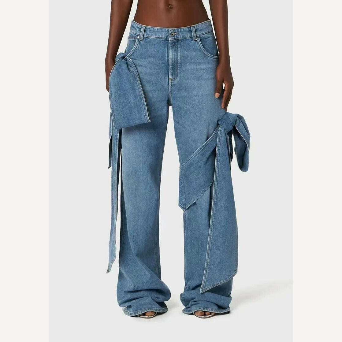 DEAT Fashion Women's Bows Bandage Denim Sling Vest High Waist Wide Leg Straight Jeans Female 2024 Spring New Trendy 33A1173 - KIMLUD
