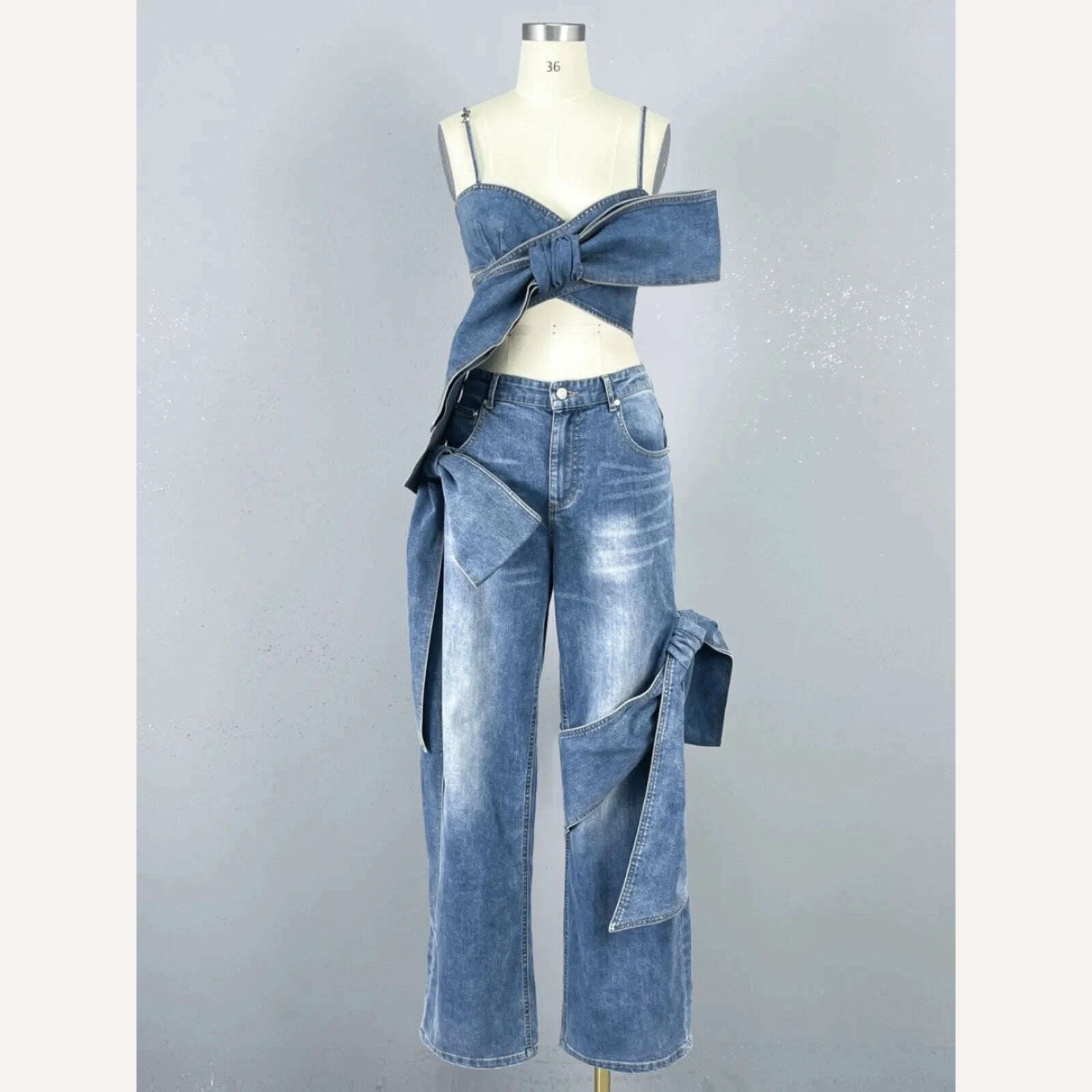 DEAT Fashion Women's Bows Bandage Denim Sling Vest High Waist Wide Leg Straight Jeans Female 2024 Spring New Trendy 33A1173 - KIMLUD