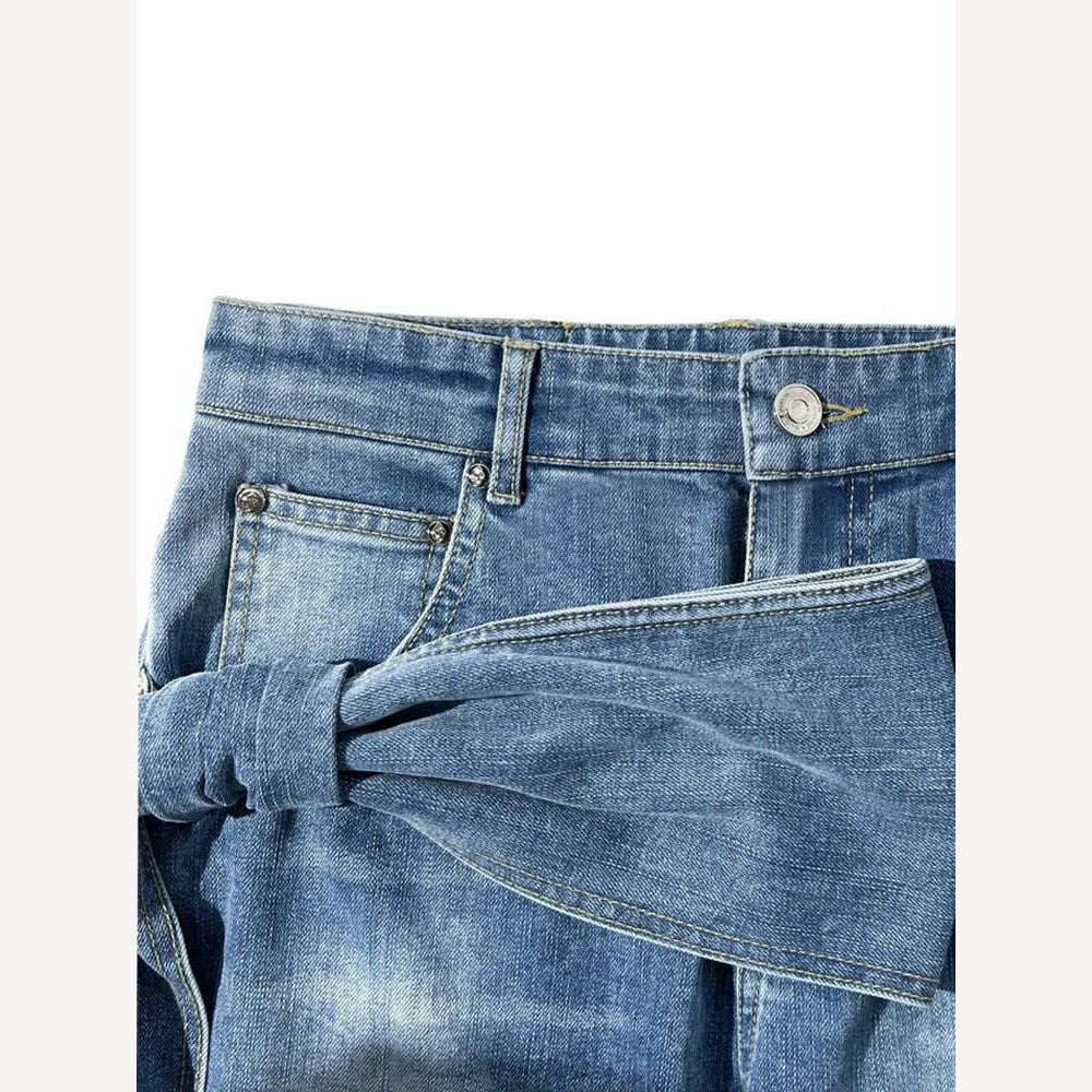 DEAT Fashion Women's Bows Bandage Denim Sling Vest High Waist Wide Leg Straight Jeans Female 2024 Spring New Trendy 33A1173 - KIMLUD
