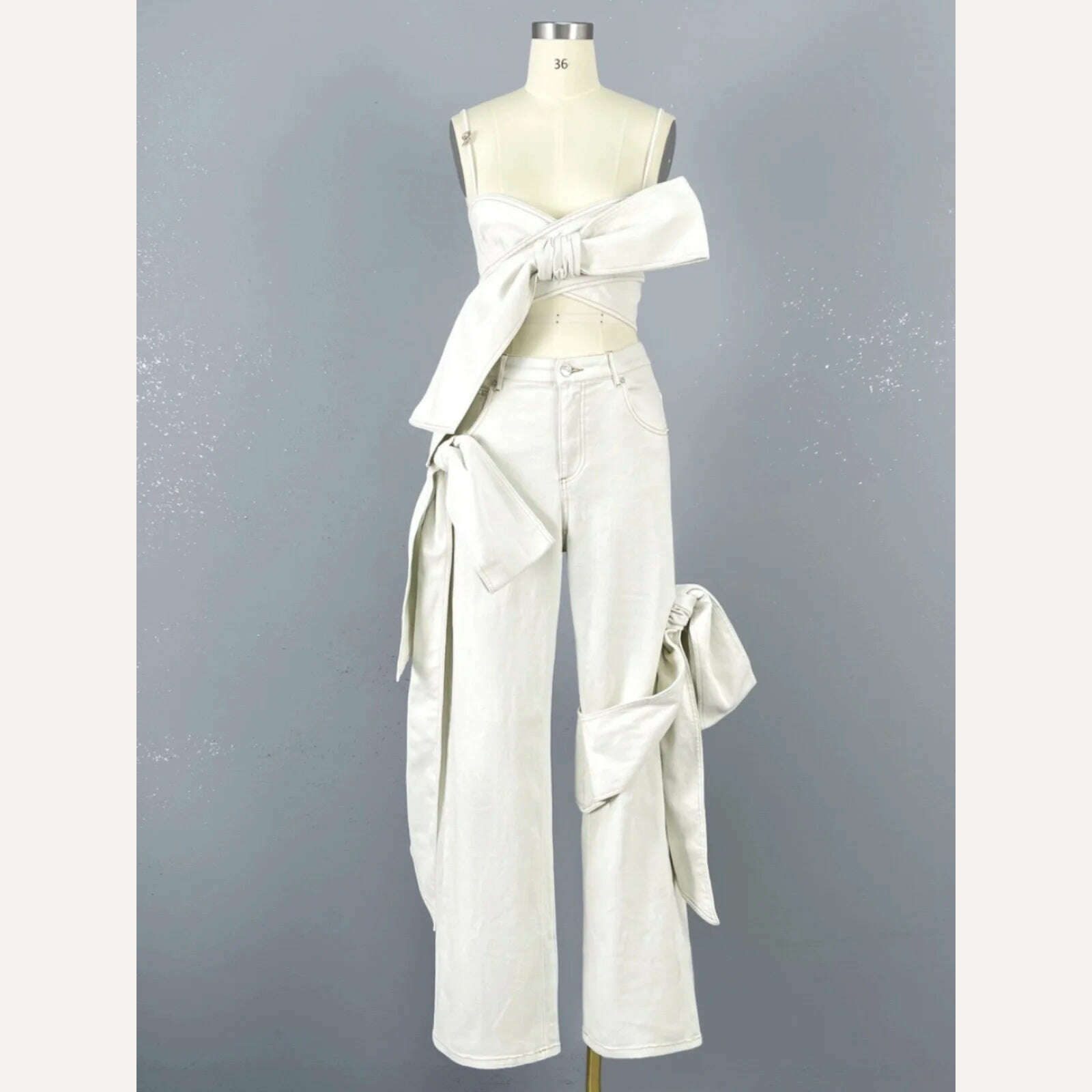 DEAT Fashion Women's Bows Bandage Denim Sling Vest High Waist Wide Leg Straight Jeans Female 2024 Spring New Trendy 33A1173 - KIMLUD