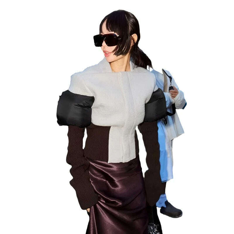DEAT Fashion Women's Color Block Jackets Long Sleeve Zipper Collarless Slim Short Patchwork Short Coat Spring 2024 New 7AB3106 - KIMLUD