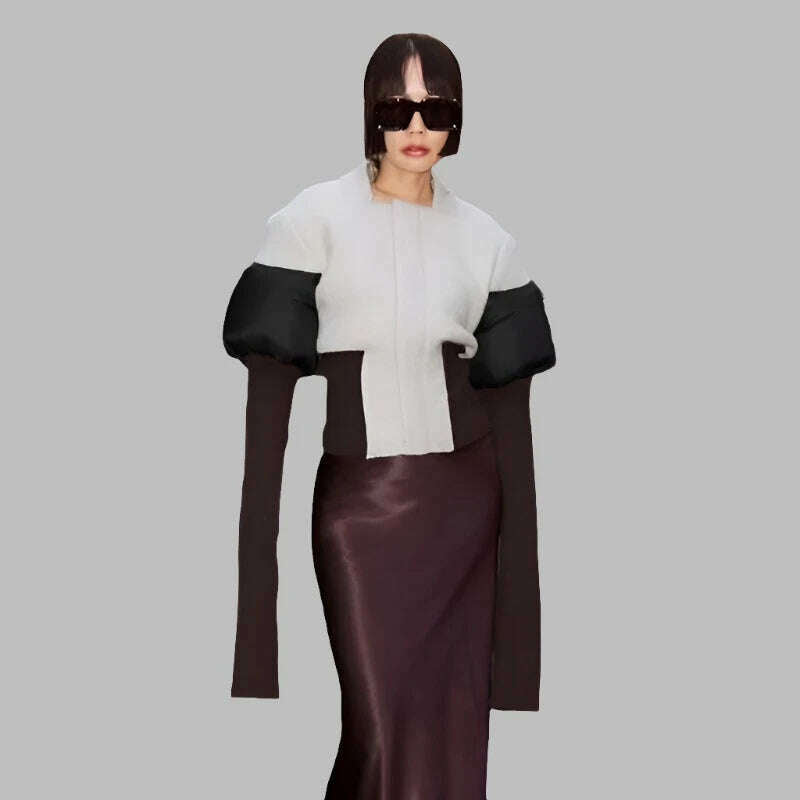 DEAT Fashion Women's Color Block Jackets Long Sleeve Zipper Collarless Slim Short Patchwork Short Coat Spring 2024 New 7AB3106 - KIMLUD