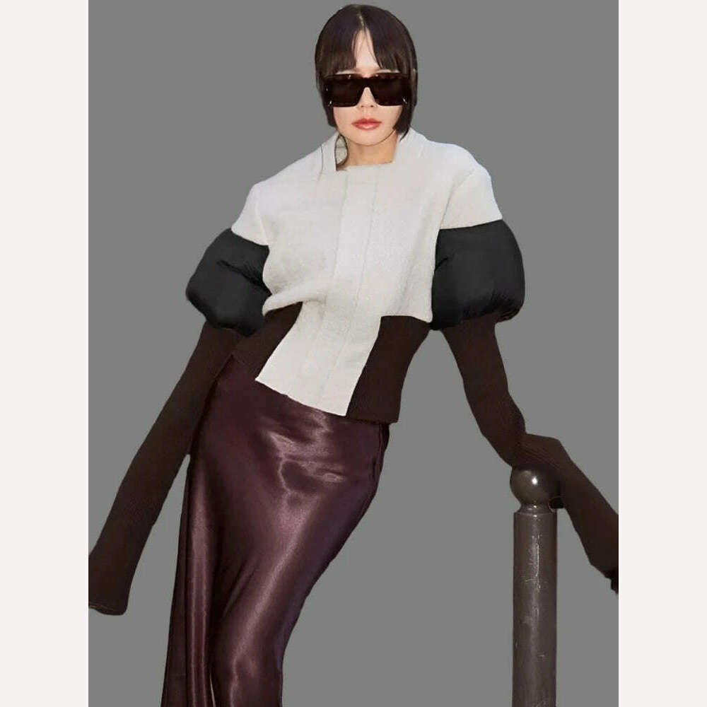 DEAT Fashion Women's Color Block Jackets Long Sleeve Zipper Collarless Slim Short Patchwork Short Coat Spring 2024 New 7AB3106 - KIMLUD