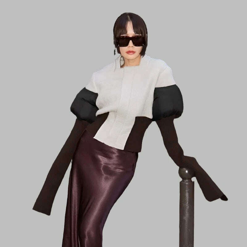 DEAT Fashion Women's Color Block Jackets Long Sleeve Zipper Collarless Slim Short Patchwork Short Coat Spring 2024 New 7AB3106 - KIMLUD