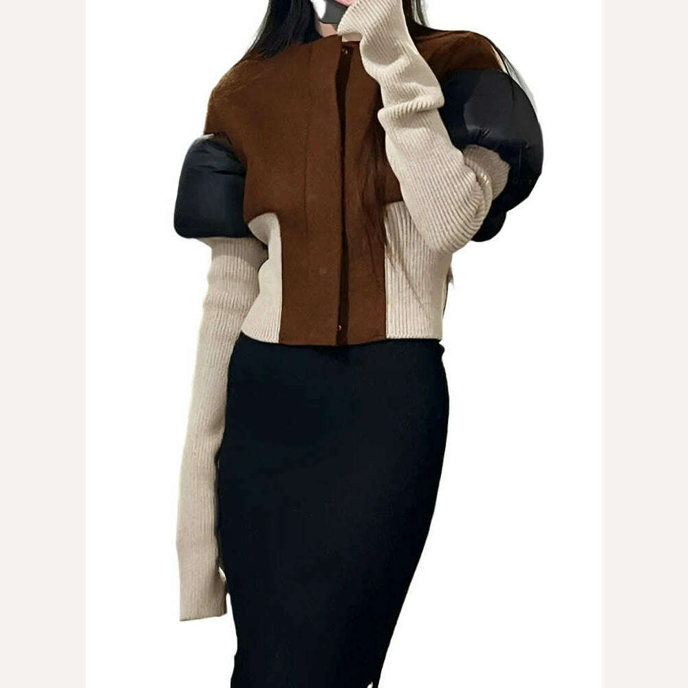 DEAT Fashion Women's Color Block Jackets Long Sleeve Zipper Collarless Slim Short Patchwork Short Coat Spring 2024 New 7AB3106 - KIMLUD