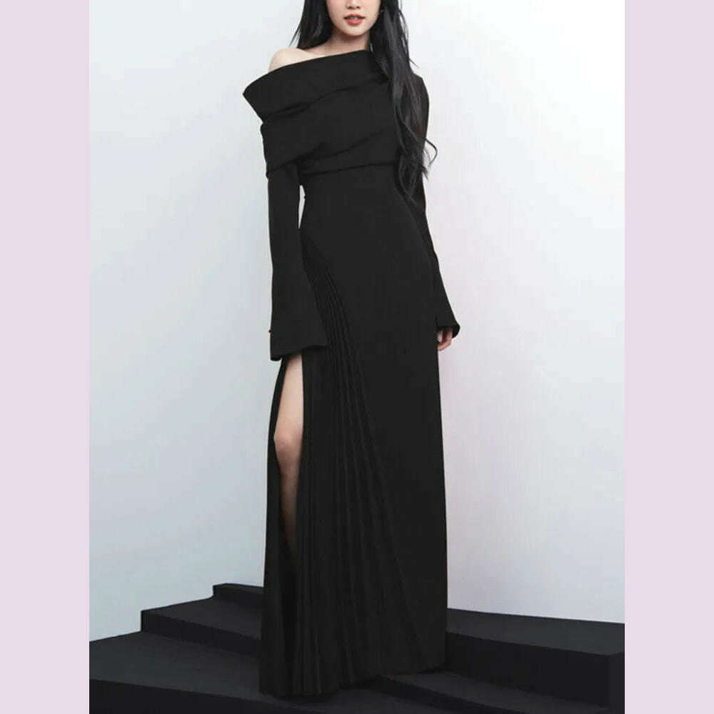 KIMLUD, DEAT Fashion Women's Elegant Dress Folds Diagonal Collar Slim High Waist Side Slit Pleated Ankle-length Dresses Autumn 2025 New, Black / S, KIMLUD APPAREL - Womens Clothes