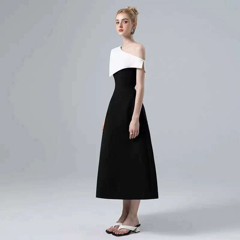 DEAT Strapless Dress for Women with Slash Neck Contrast Color Waist Retraction Zipper Mid-Calf Length Spring Season New Fashion - KIMLUD