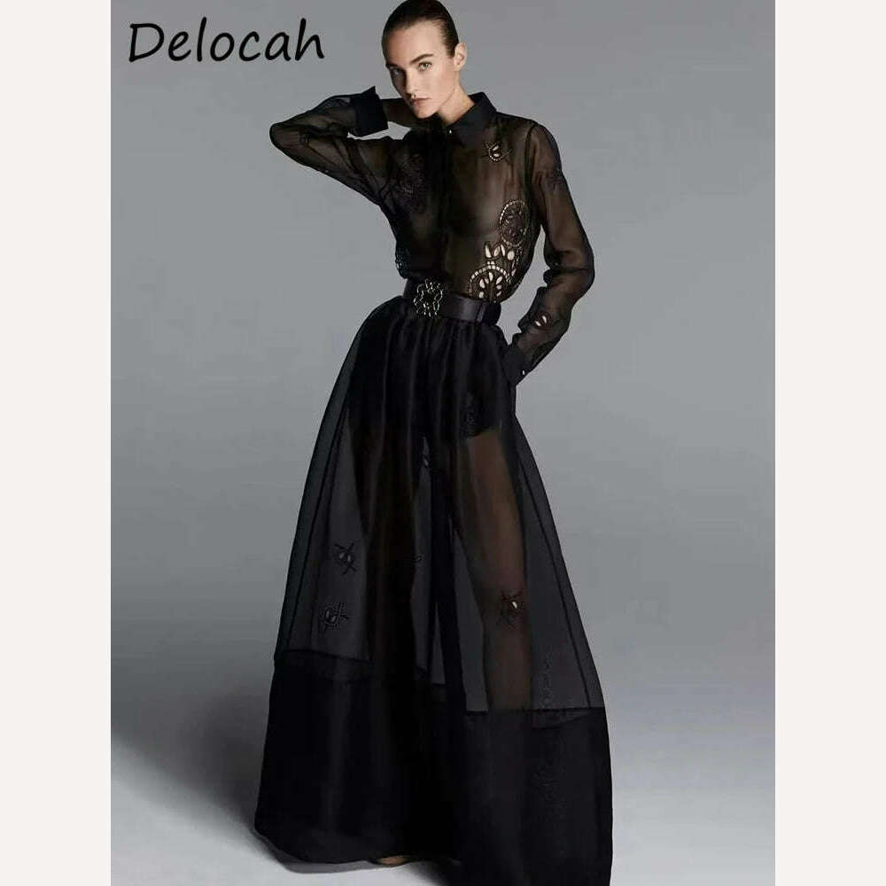 Delocah High Quality Autumn Women Fashion Runway A-Line Dress Lantern Long Sleeve Belt Hollow Out Solid Color Print Long Dresses - KIMLUD