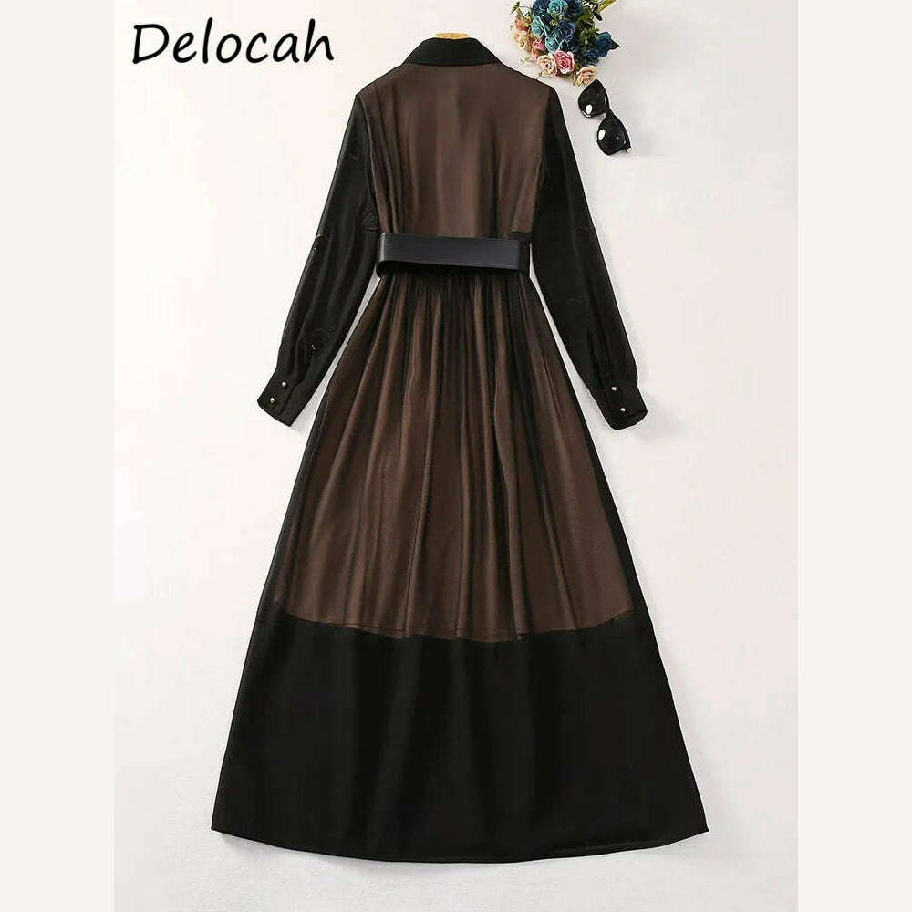 Delocah High Quality Autumn Women Fashion Runway A-Line Dress Lantern Long Sleeve Belt Hollow Out Solid Color Print Long Dresses - KIMLUD
