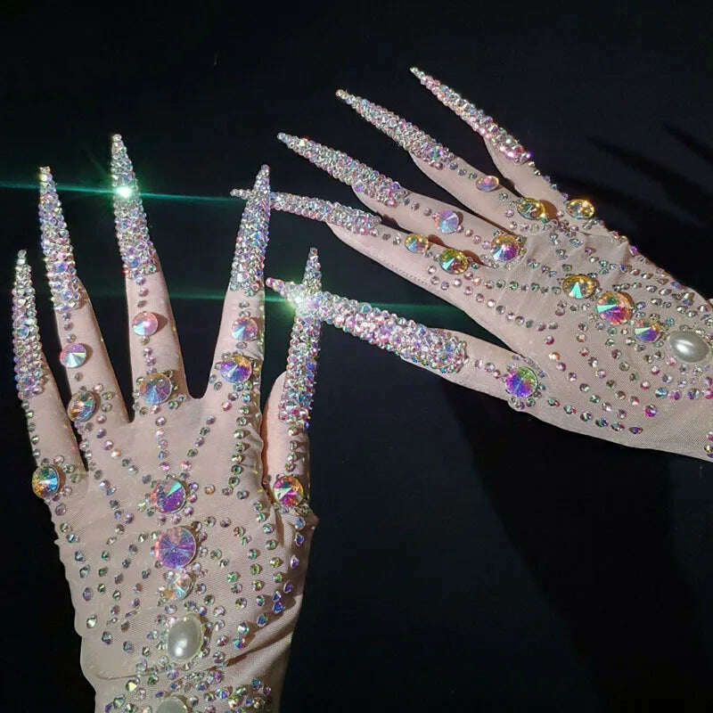 KIMLUD, Deluxe AB Diamond Pearl Long Nails Diamond Shiny Short Gloves, Skin / One Size, KIMLUD APPAREL - Womens Clothes