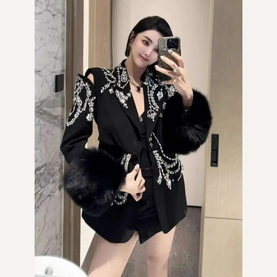 Design Banquet Luxury Fox Fur Crystal Off Shoulder Hollow Out Black Suit Jacket Women Elegant Padded Blazers Customized 15 Days - KIMLUD