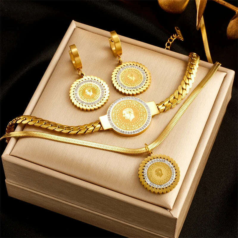 DIEYURO 316L Stainless Steel Round Portrait Charm Necklace Bracelets Earrings For Women Girl New Trend Non-fading Jewelry Set - KIMLUD