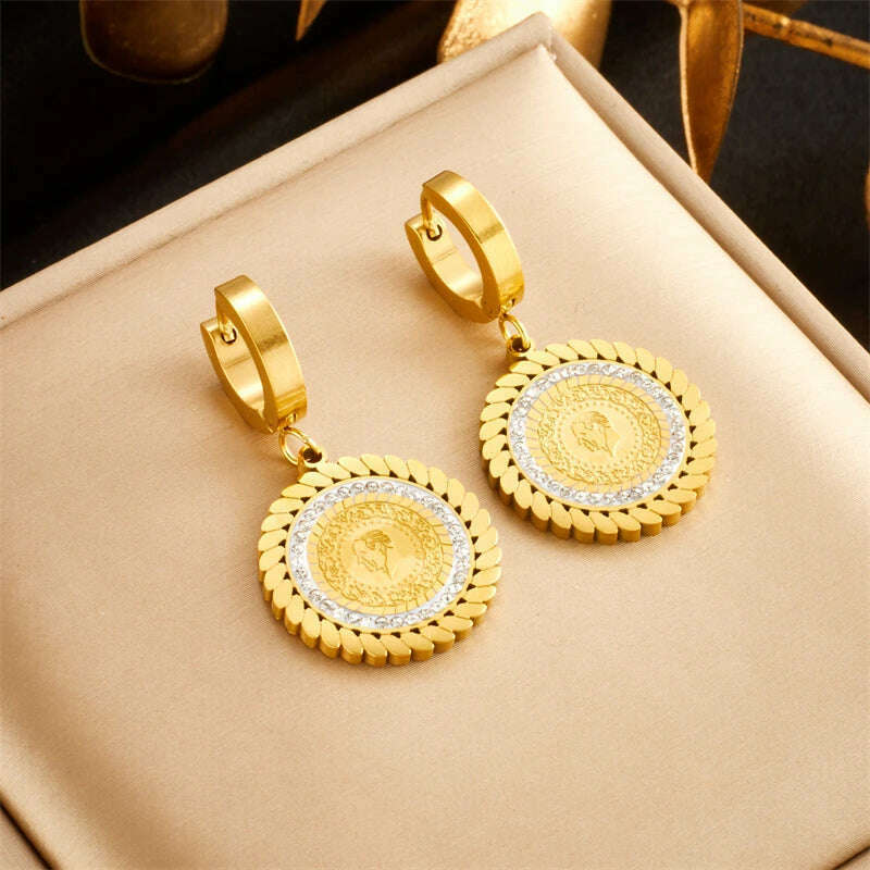 DIEYURO 316L Stainless Steel Round Portrait Charm Necklace Bracelets Earrings For Women Girl New Trend Non-fading Jewelry Set - KIMLUD