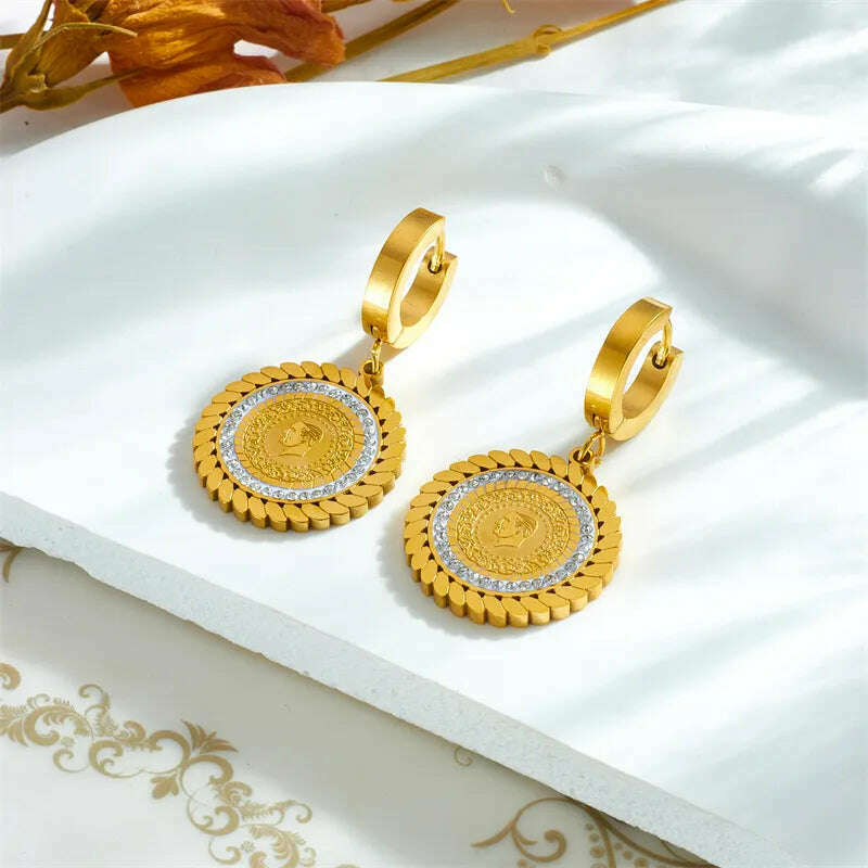 DIEYURO 316L Stainless Steel Round Portrait Charm Necklace Bracelets Earrings For Women Girl New Trend Non-fading Jewelry Set - KIMLUD