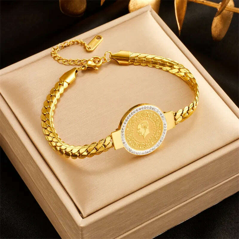 DIEYURO 316L Stainless Steel Round Portrait Charm Necklace Bracelets Earrings For Women Girl New Trend Non-fading Jewelry Set - KIMLUD
