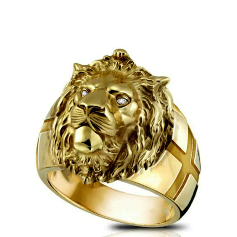 KIMLUD, Domineering Stainless Steel Lion Head Ring Motorcycle Party Punk Animal Rings Men Zircon Ring Male Jewelry Christmas Gifts, Gold / 6, KIMLUD Womens Clothes