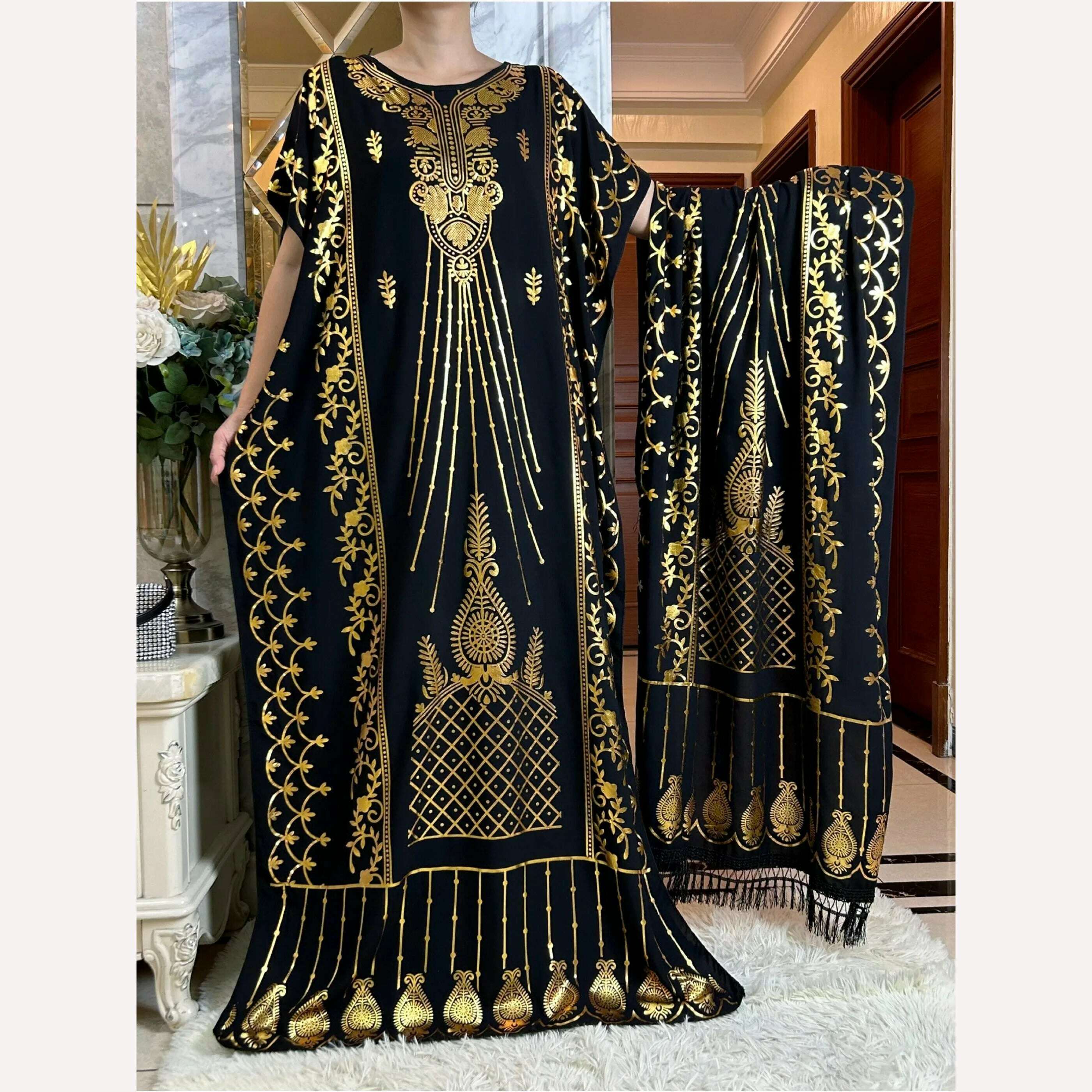 Dubai New Abaya For Women Summer Short Sleeve Cotton Dress Gold Stamping Loose Lady Maxi Islam African Dress With Big Scarf - KIMLUD
