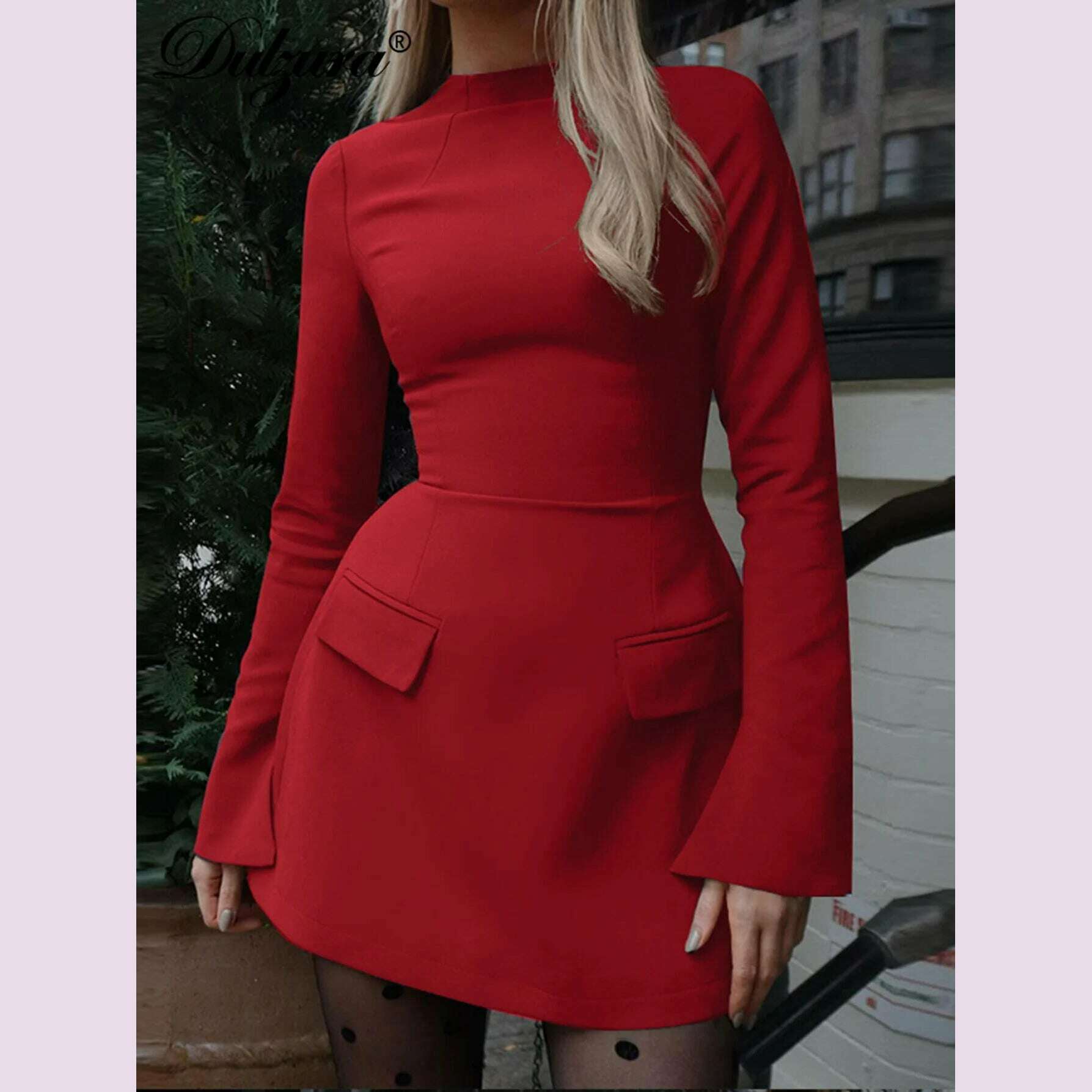 KIMLUD, Dulzura Long Sleeves Zipper Bodycon Mini Dress With Pocket Solid Elegant Outfit Office Streetwear Women’S Autumn Winter Clothes, KIMLUD Womens Clothes
