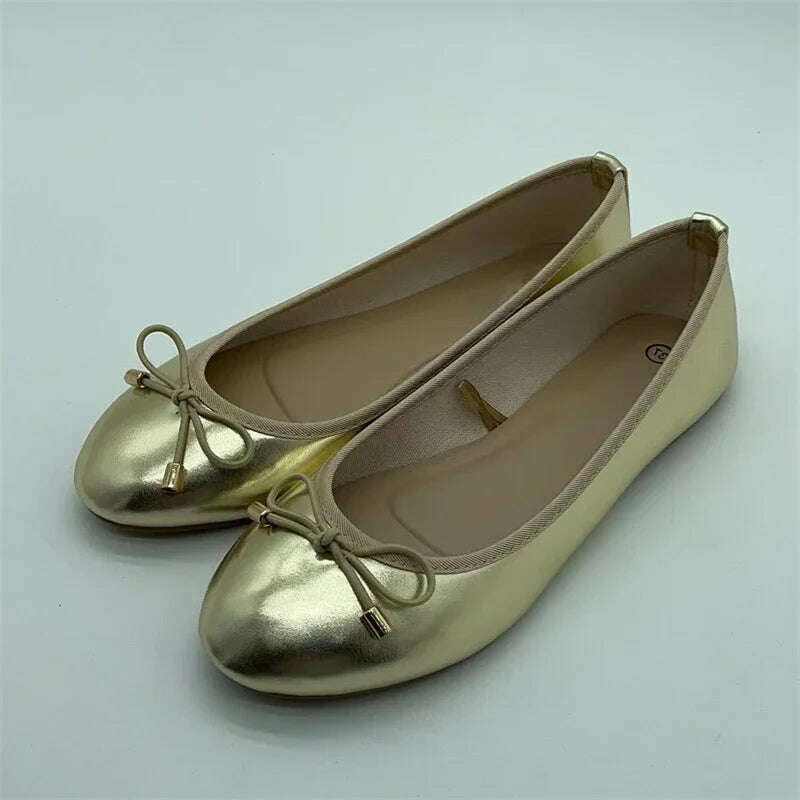 KIMLUD, Eilyken Gold Silver Elegant Bowknot Round Toe Women's Flat Comfort Slip-On Ladies Ballerina Single Mules Shoes Zapatos Mujer, Gold / 42, KIMLUD APPAREL - Womens Clothes