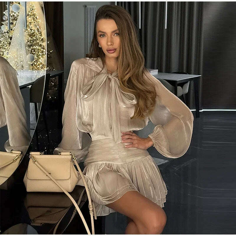 KIMLUD, Elegant Bow Lace Up Top Skirts Set For Women O-neck Long Lantern Sleeve Blouses High Waist Pleated Skirt 2025 New Lady Outfits, KIMLUD Womens Clothes