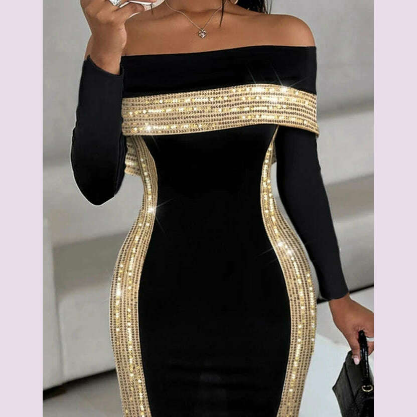 Elegant Evening Party Dresses for Women Sexy Contrast Sequin Slit Off Shoulder Midi Dress 2023 Autumn Spring New Fashion Casual - KIMLUD