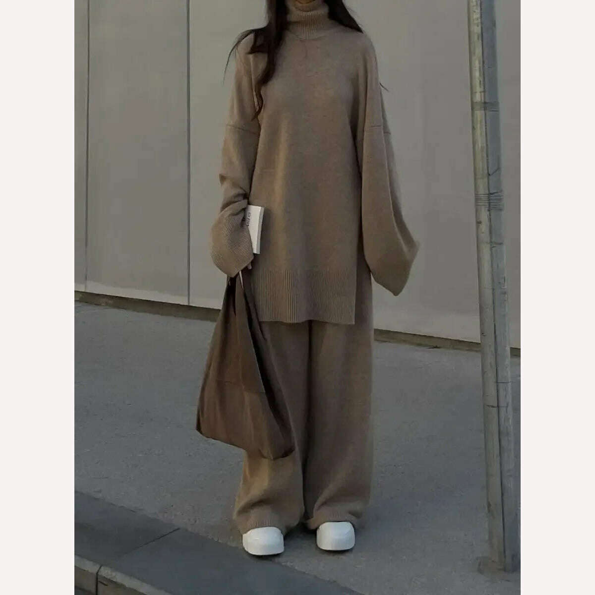 Elegant Knit Two Piece Set Women Turtleneck Side Split Sweater Long Sleeve Wide Leg Pants Female Sets 2023 Winter Loose Suit - KIMLUD
