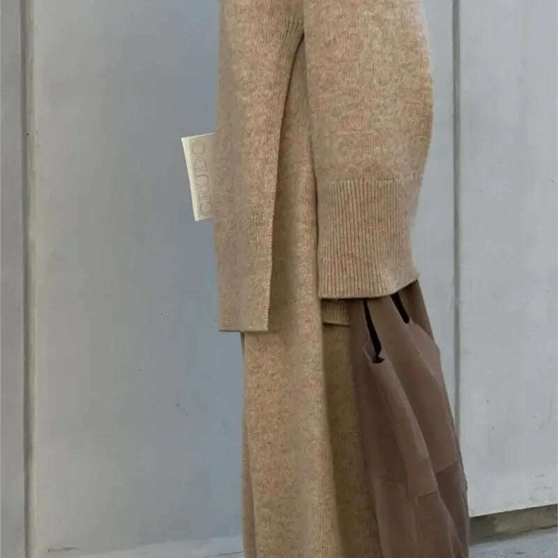 Elegant Knit Two Piece Set Women Turtleneck Side Split Sweater Long Sleeve Wide Leg Pants Female Sets 2023 Winter Loose Suit - KIMLUD