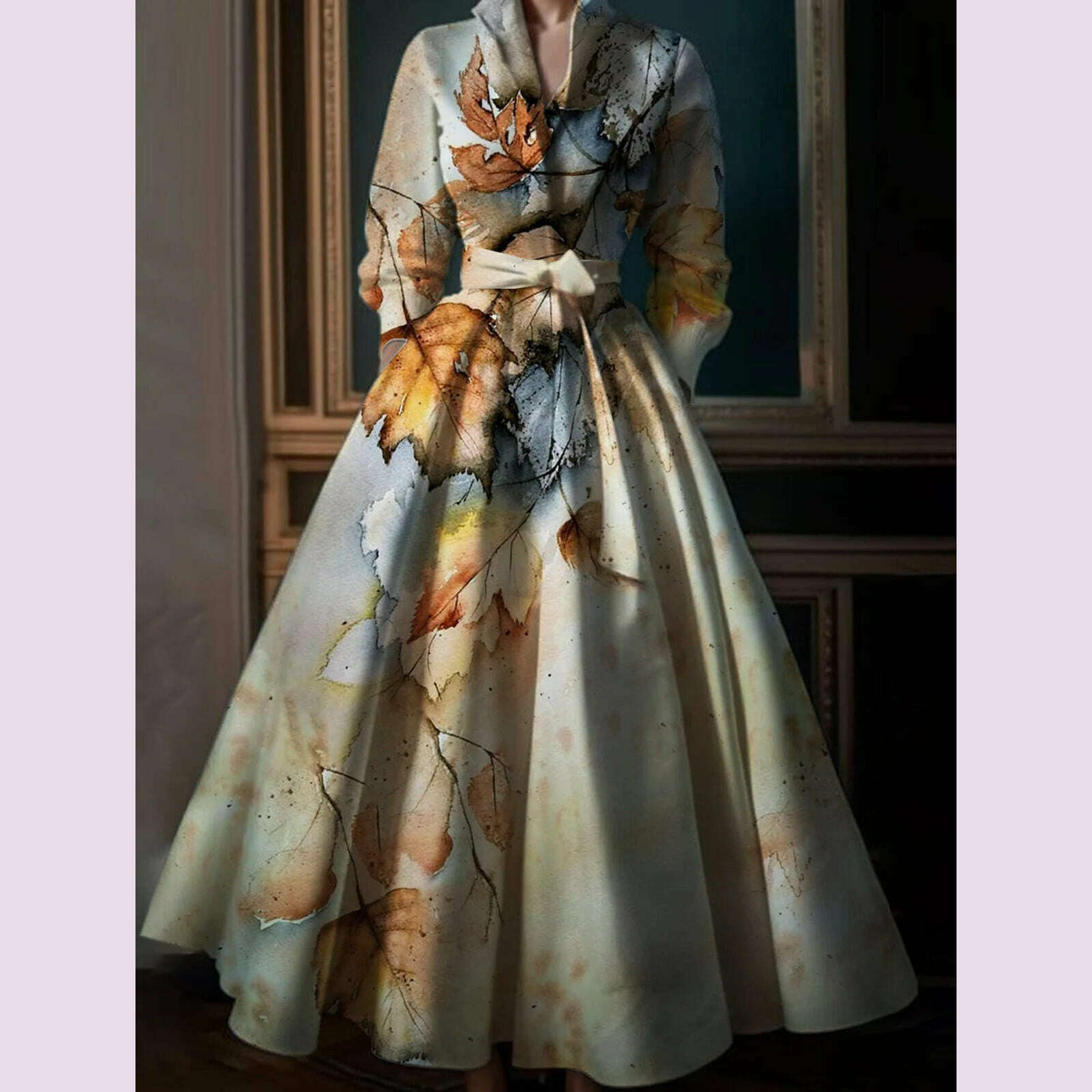 KIMLUD, Elegant Leaf Pattern Maxi Dresses Multicolor Stand Collar Long Sleeve Long Dress Party Wedding Evening A-Line Dress Vestido, KIMLUD Womens Clothes