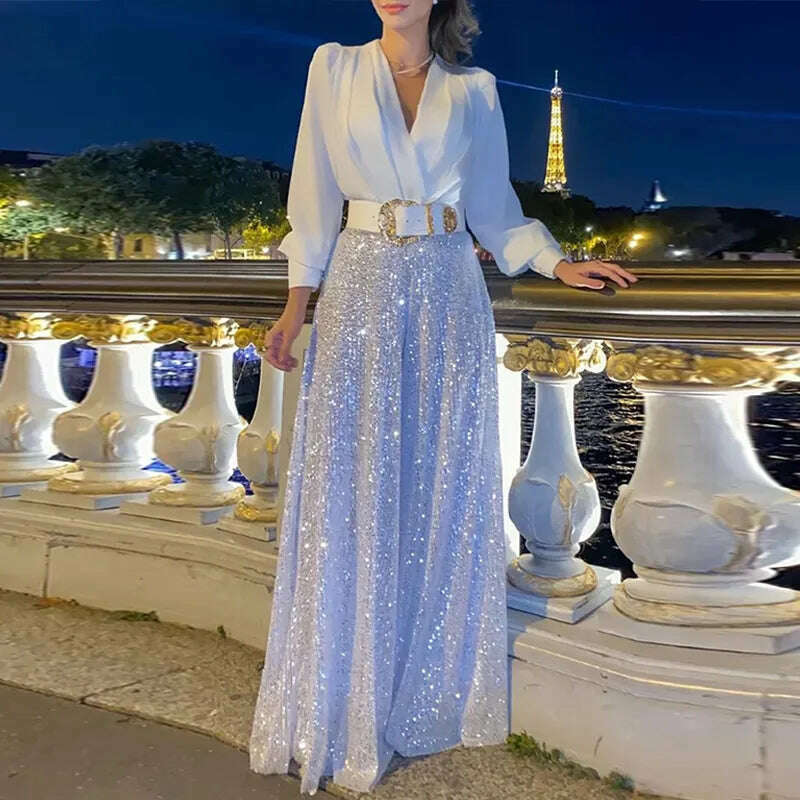 Elegant Sequin Wide Leg Pants Office Lady Spring Commute Suits Sexy Party V-Neck Blouse Top+Trousers Women Outfits Two Piece Set - KIMLUD
