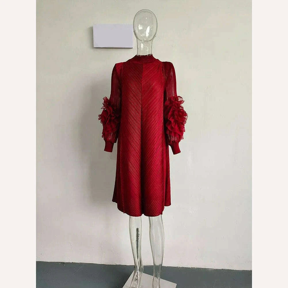 KIMLUD, Elegant Vintage Style DEAT Woman Pleated Midi Dress with Ruffles Mesh Long Sleeve Half Turtleneck for Early Autumn Fashion, KIMLUD Womens Clothes