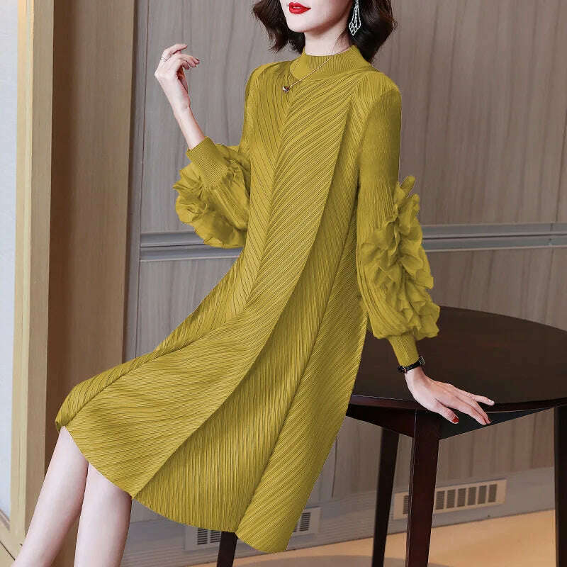 KIMLUD, Elegant Vintage Style DEAT Woman Pleated Midi Dress with Ruffles Mesh Long Sleeve Half Turtleneck for Early Autumn Fashion, One Size / Avocado Green, KIMLUD Womens Clothes
