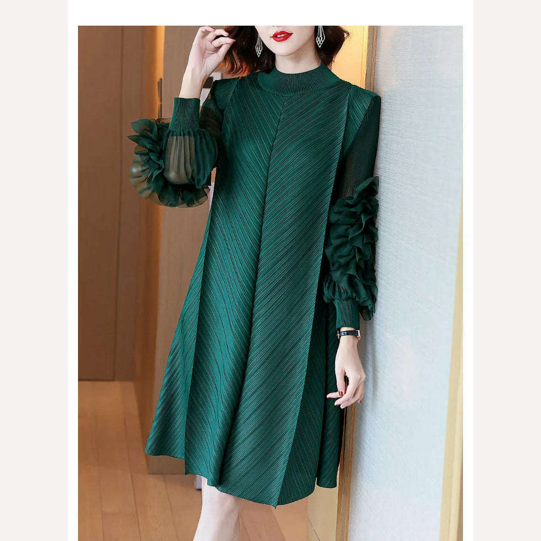 KIMLUD, Elegant Vintage Style DEAT Woman Pleated Midi Dress with Ruffles Mesh Long Sleeve Half Turtleneck for Early Autumn Fashion, KIMLUD Womens Clothes