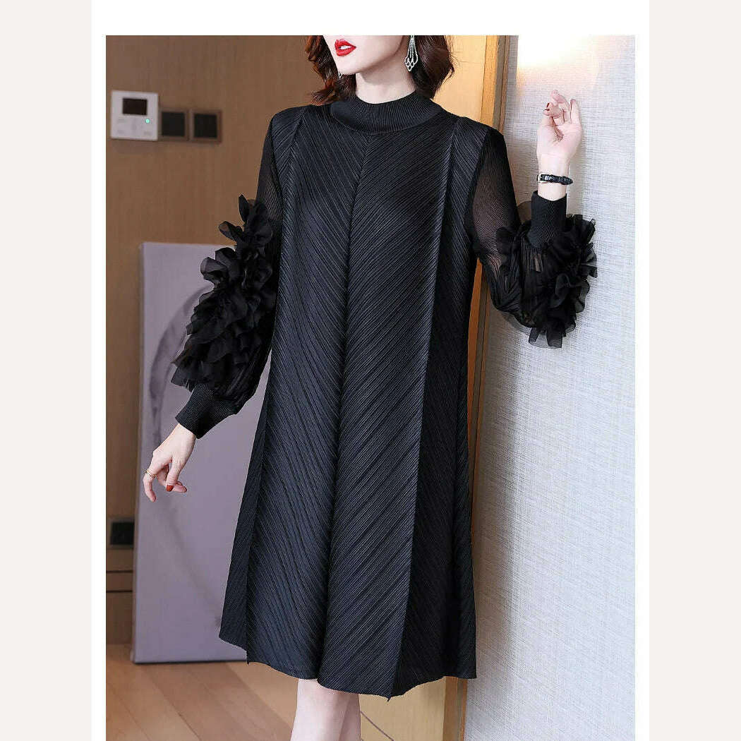 KIMLUD, Elegant Vintage Style DEAT Woman Pleated Midi Dress with Ruffles Mesh Long Sleeve Half Turtleneck for Early Autumn Fashion, KIMLUD Womens Clothes