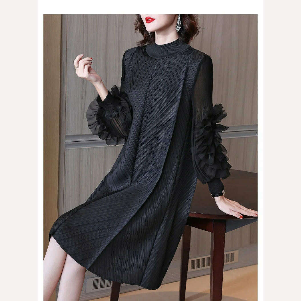 KIMLUD, Elegant Vintage Style DEAT Woman Pleated Midi Dress with Ruffles Mesh Long Sleeve Half Turtleneck for Early Autumn Fashion, KIMLUD Womens Clothes