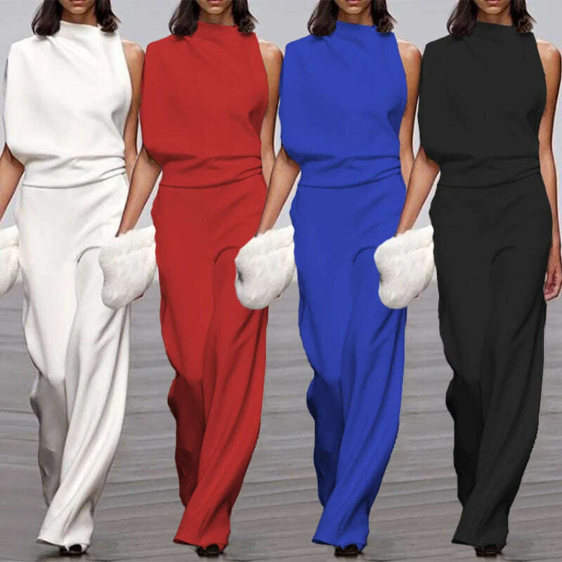 Elegant Woman Female Jumpsuit 2023 Overalls for Women Women's Summer Solid Color Sleeveless Wide Leg Jumpsuits Loose Work Wear - KIMLUD