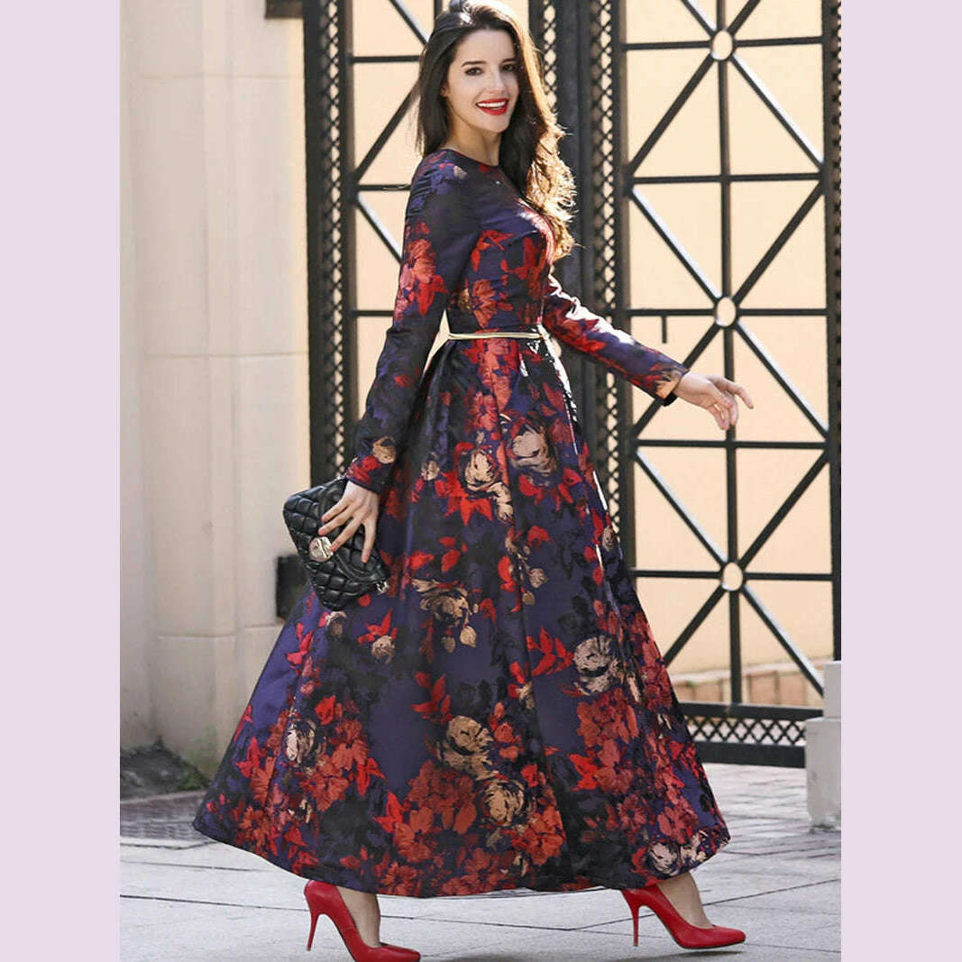 KIMLUD, Elegant Women Long Sleeve Maxi Dress Fall Fashion Boho Floral Jacquard Muslim Dress Ladies Vintage Party Clothes, as photo / S, KIMLUD APPAREL - Womens Clothes