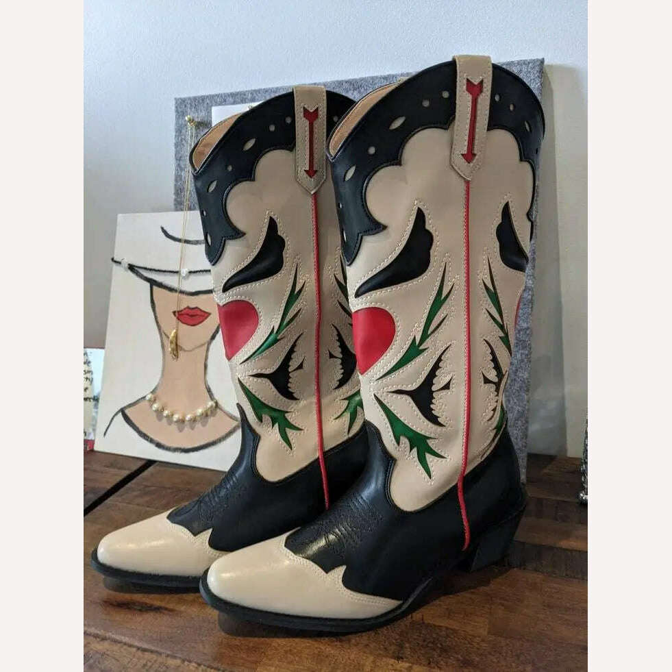 Embroidered Western Boots For Women Heart Shaped Fashion Cowboy Cowgirl Boots Handmake Retro Vintage Shoes 2022 Winter Autumn - KIMLUD