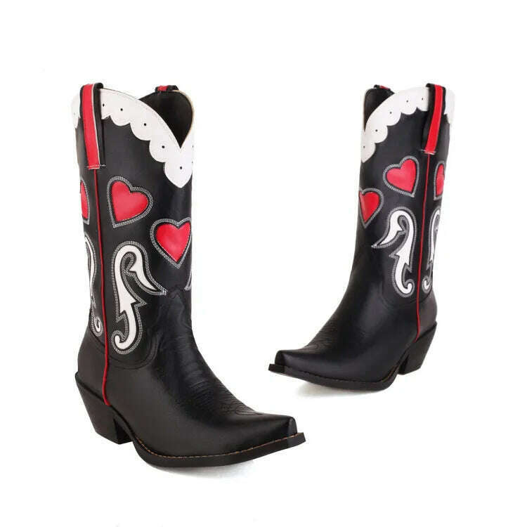 Embroidered Western Boots For Women Heart Shaped Fashion Cowboy Cowgirl Boots Handmake Retro Vintage Shoes 2022 Winter Autumn - KIMLUD