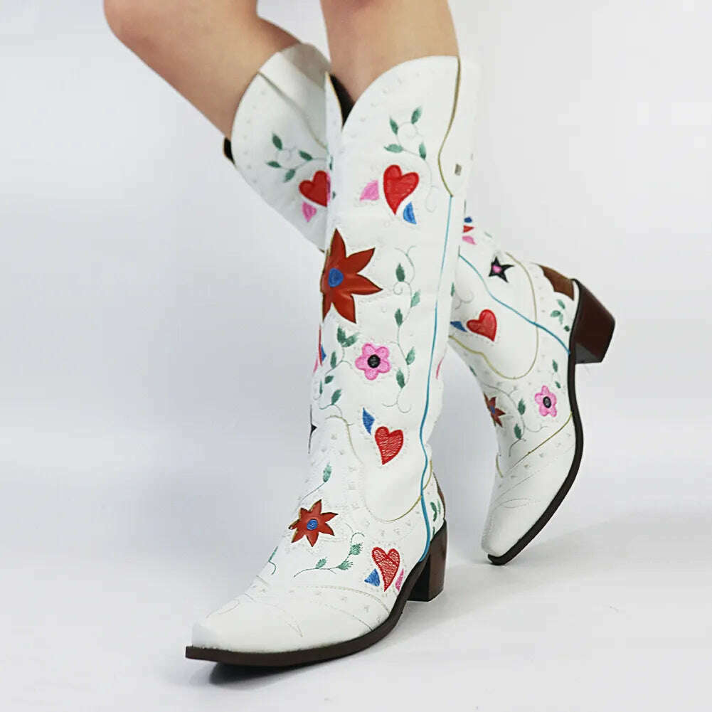 Embroidered Western Boots For Women Heart Shaped Fashion Cowboy Cowgirl Boots Handmake Retro Vintage Shoes 2022 Winter Autumn - KIMLUD