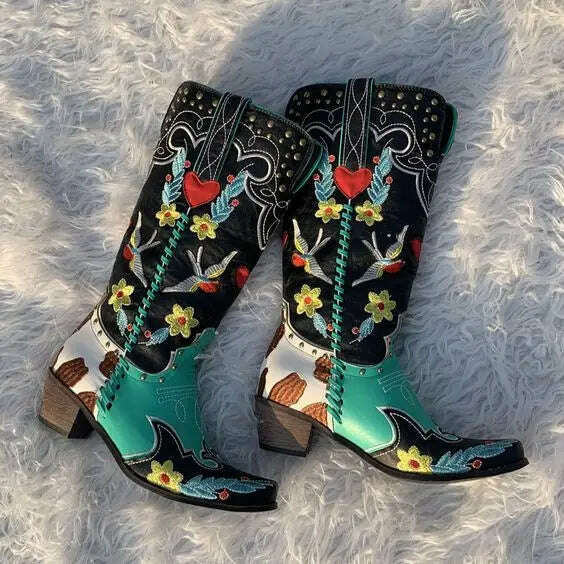 Embroidered Western Boots For Women Heart Shaped Fashion Cowboy Cowgirl Boots Handmake Retro Vintage Shoes 2022 Winter Autumn - KIMLUD